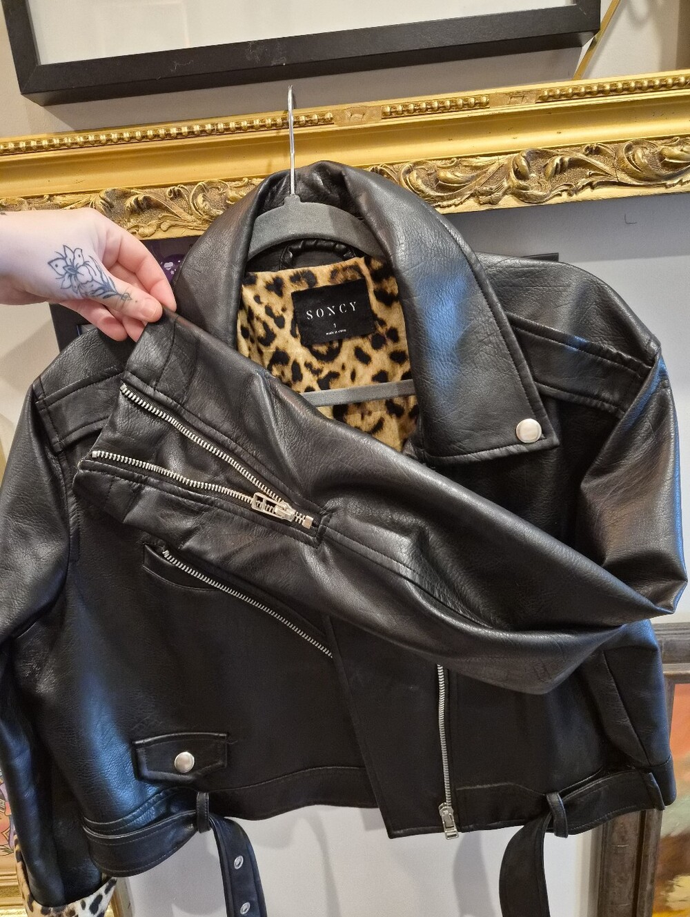 Soncy Black Faux Leather Biker Jacket with Leopard Lining